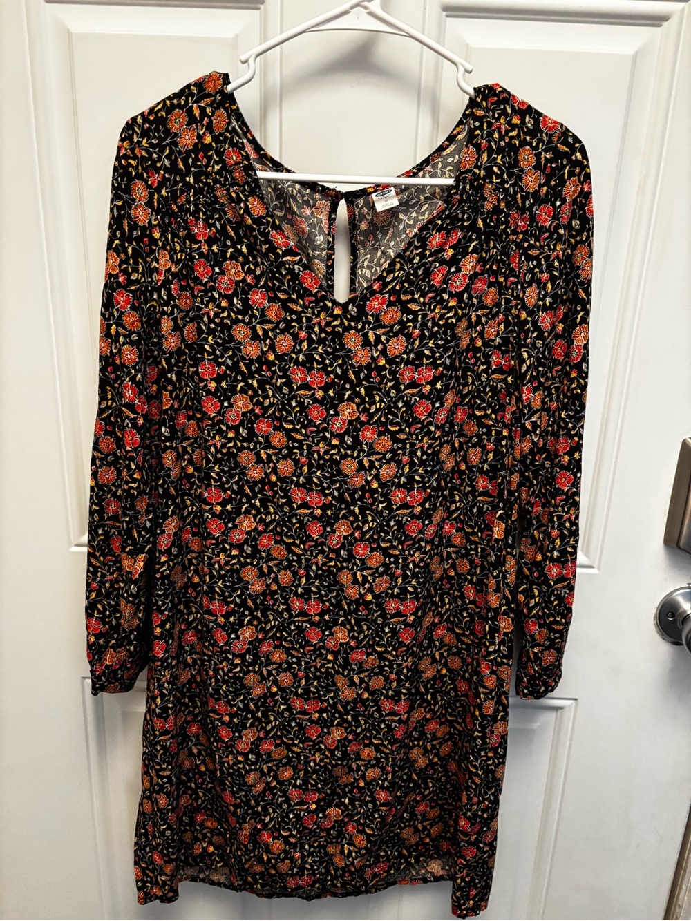 Old Navy Black Long-Sleeve Floral Dress with Red & Orange Blooms